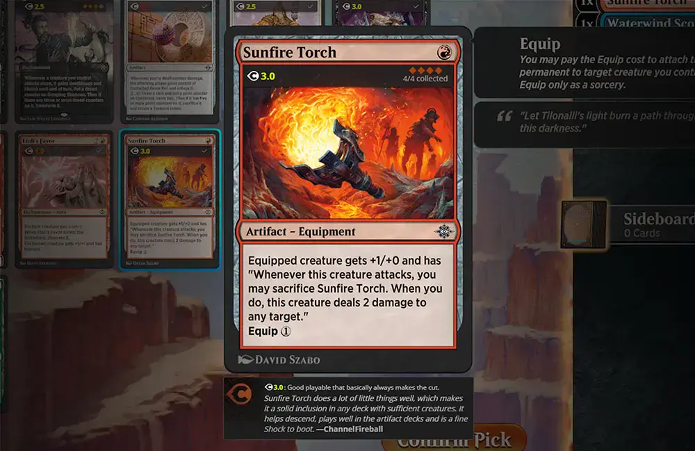 Draft ratings superimposed on the MTGA draft screen, showing ChannelFireball scores for each individual card.